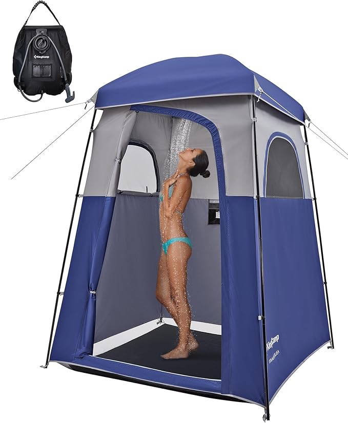 KingCamp Camping Shower Tent, Portable Outdoor Privacy Toilet & Changing Tent Windproof & Waterproof Easy Setup 1 or 2 Room Shelter with Shower Bag for Camping Hiking Beach