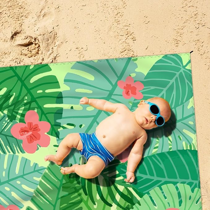 Beach Blanket Waterproof Sandproof Large Beach Mat 79" X 83" for 2-4 Adults Sand Free Mat Quick Drying,Lightweight & Durable with 4 Stakes & 4 Corner Pockets for Beach Travel Camping Hiking.(Green)