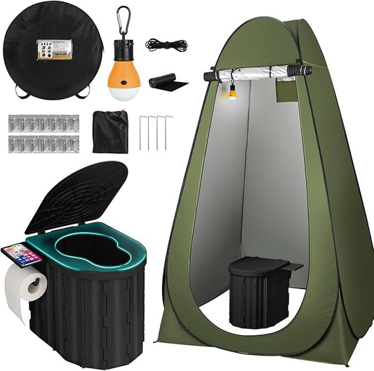 Portable Camping Toilet with Pop-Up Privacy Tent, 12-inch Toilet Seat, Outdoor Portable Folding Toilet Potty for Adults Load Capacity of 400 Lbs, LED-Light Camping Bathroom