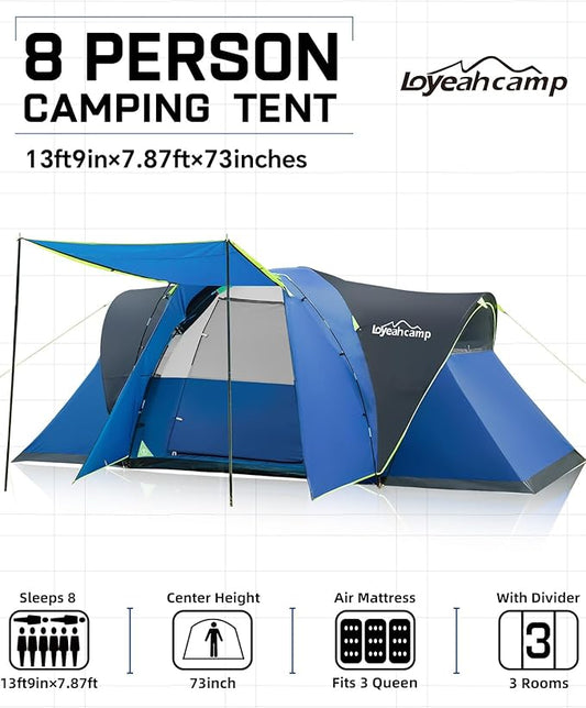8 Person Larger Extended Dome Camping Tent with 3 Rooms, Waterproof Semi-Freestanding Family Outdoor Tent with Spacious Interior and Mesh Windows