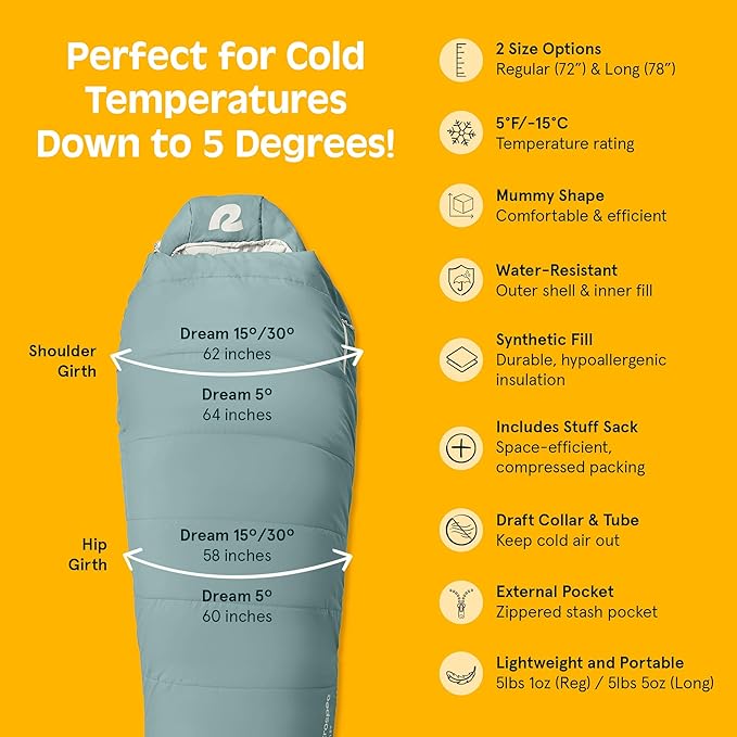Retrospec Dream Sleeping Bag - 5, 15, 30 Mummy for Camping, Insulated Cold Weather, Lightweight Stuff Sack, Water-Resistant, Adjustable Draw Cords, Adult