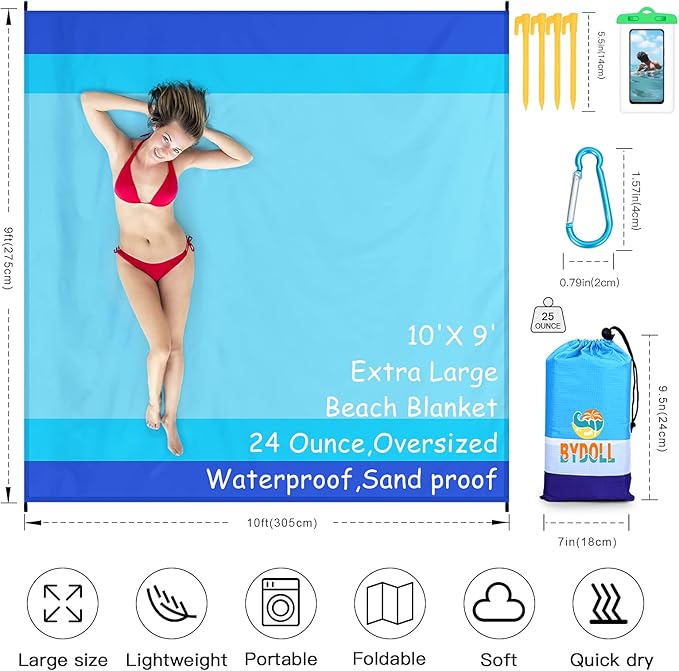 BYDOLL Beach Blanket 78''X81'' 4-7 Adults Oversized Lightweight Waterproof Sandproof Blanket for Beach Large Picnic Mat Travel Camping