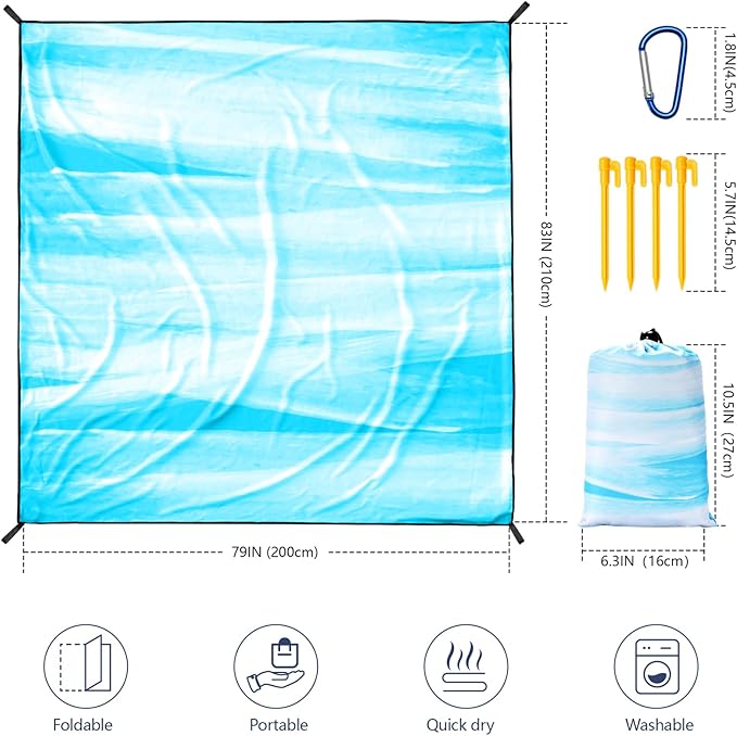 Beach Blanket Waterproof Sandproof Beach Mat 79" X 83" /10'x9'for 2-8 Adults Quick Drying Outdoor Picnic Mat Beach Accessories for Travel, Camping, Hiking