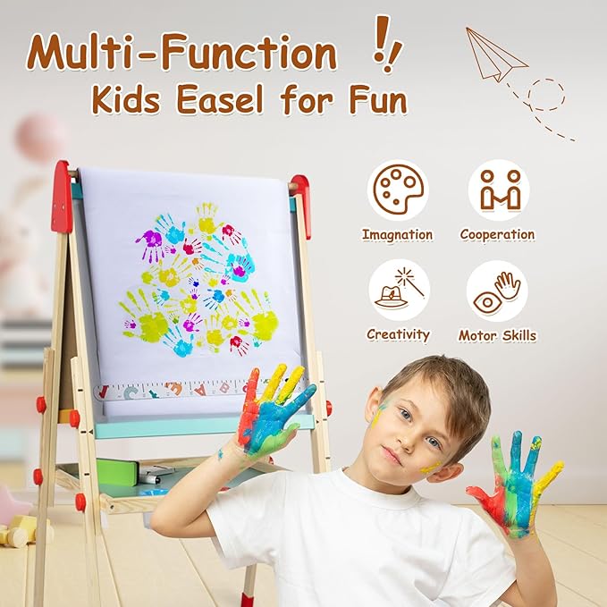 LOL-FUN Easel for Kids 4, Magnetic Double Sided Wooden Kids Easel for Painting with Paper Roll, Adjustable Art Easel for Kids Ages 4-8