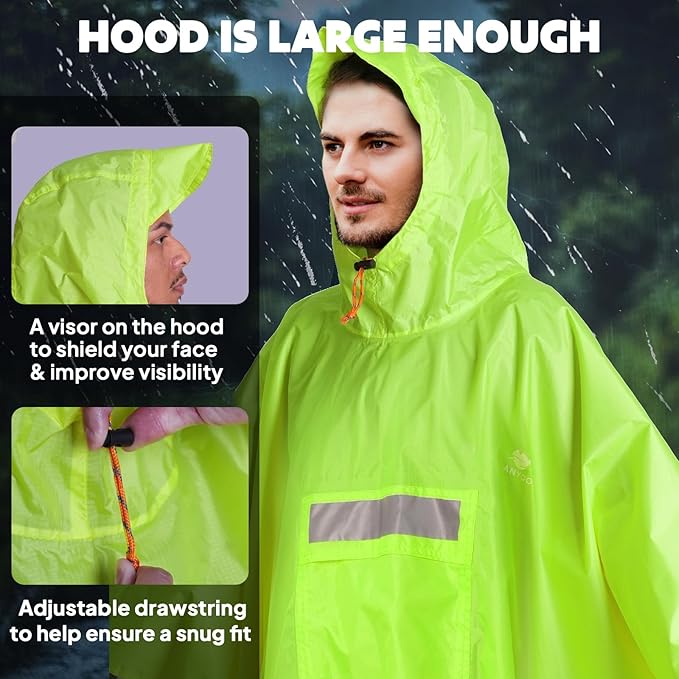 ANYOO Hooded Rain Poncho for Adults Waterproof Lightweight Rain Coat for Men Women Reusable Rain Jacket for Emergency Outdoor