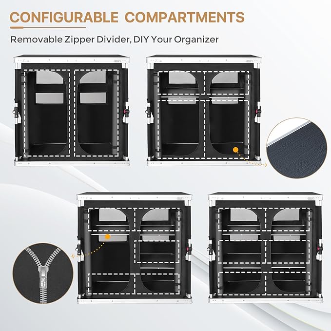 EAGLE PEAK Double Outdoor Folding Camping Table with Large 3-Tier Storage Organizer and Side Pockets, Easy Set Up Portable Aluminum Camping Kitchen, Black