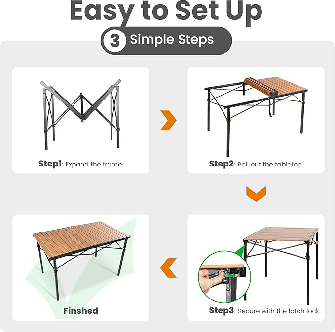 Portable Outdoor Camping Table Large for 2-6 Person - Foldable Camp Table with Aluminum Roll-Up Top & Carry Bag for BBQ, Tailgating, Backyard, 220 Lbs Capacity, Stable & Sturdy (Natural)