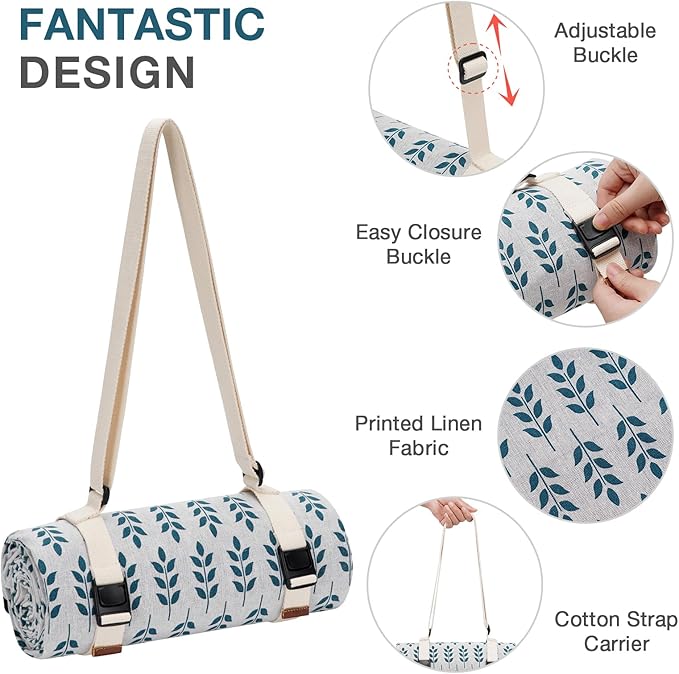 Picnic Blankets Washable | Beach Mat Sand Free Waterproof | Camping Blankets | Emergency Blankets | Picnic Baskets Accessories with Waterproof Backing and Shoulder Strap - BlueLeaf