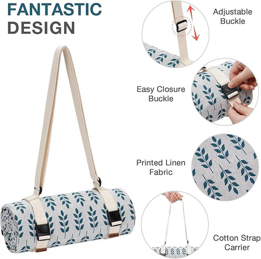 Picnic Blankets Washable | Beach Mat Sand Free Waterproof | Camping Blankets | Emergency Blankets | Picnic Baskets Accessories with Waterproof Backing and Shoulder Strap - BlueLeaf