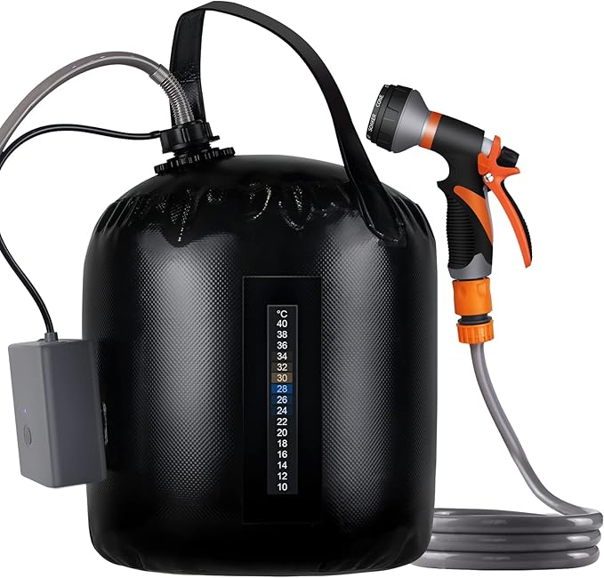 Portable Camping Shower, 5gallons/20 liters Rechargeable air Pump Outdoor Electric Camping Shower, 8 Spray Modes, Solar Heating Black PVC airbag, Built-in Thermometer, Beach, Camping, Hiking