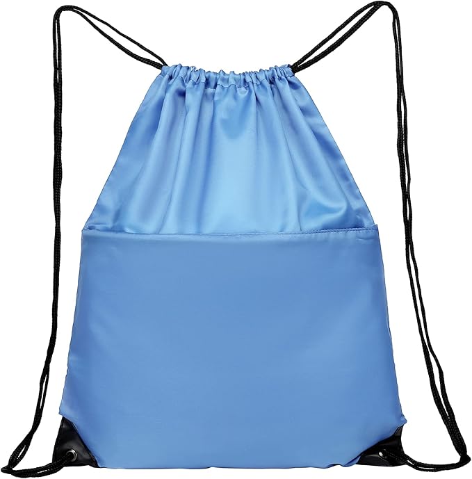BuyAgain Drawstring Backpack Sports Water Resistant String Bag Sport Gym Sackpack for Women Men Large with Zipper, Baby Blue
