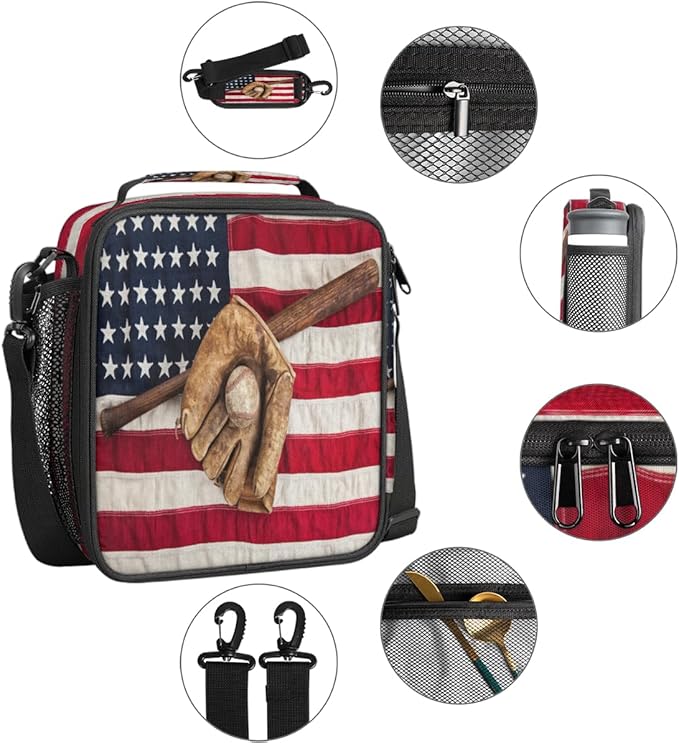 Baseball Usa Flag Insulated Lunch Bag for Girls Boys Teen Reusable Lunch Box with Shoulder Strap Freezable Thermal Cooler Bag Meal Prep Boxs for School Travel Picnic Beach Lunch Pail