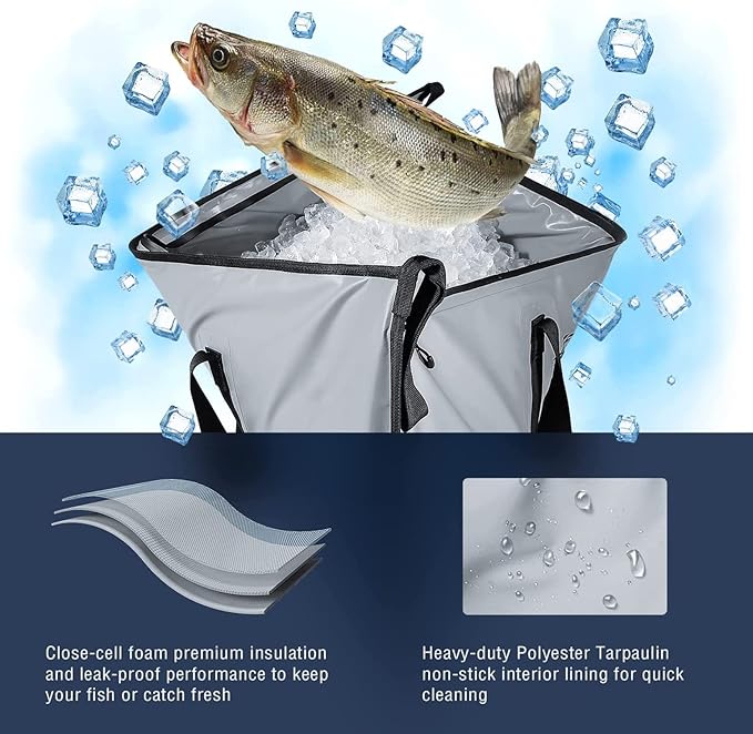 Buffalo Gear Insulated Fish Cooler - Leakproof Kill Bag with 2 Reusable Cooler Ice Packs - Portable Waterproof Zipper