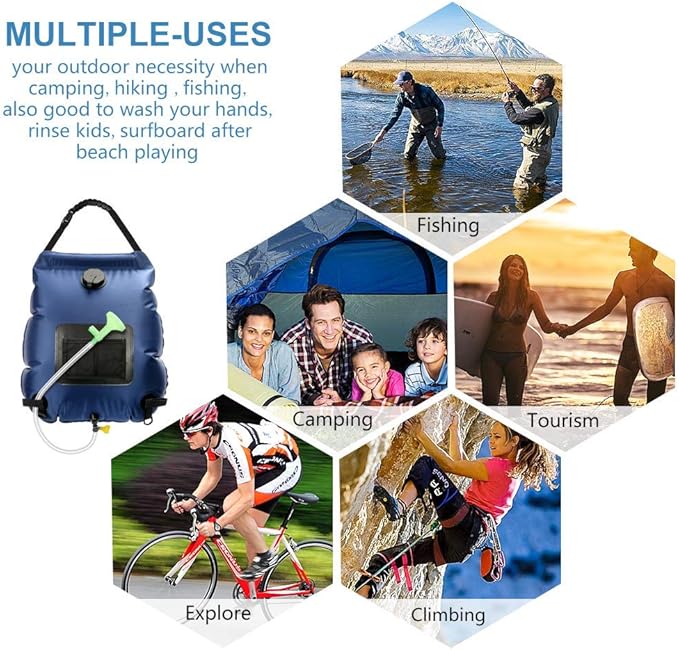 Solar Shower Bag | 5 Gal/20L Solar Heating Camping Shower Bag | Removable Hose | On-Off Switchable Shower Head | Ducha Portatil | Traveling Shower | Portable Shower for Beach Swimming, Hiking