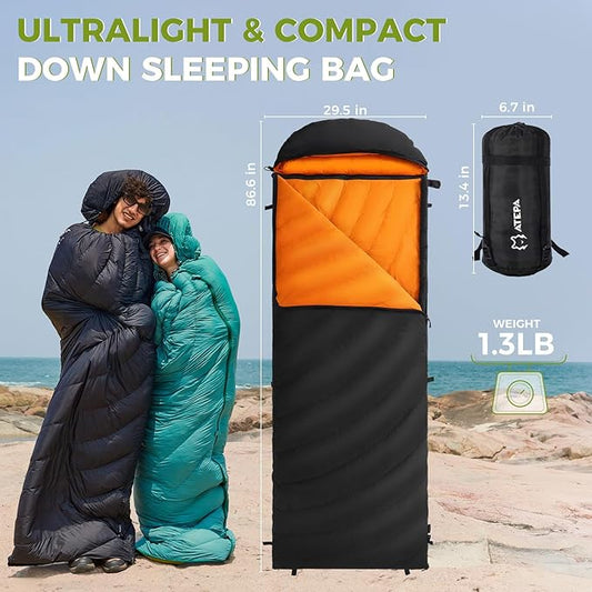 ATEPA Down Sleeping Bag, Recycled 650FP 4 Season Summer & Winter Compact Rectangle Lightweight Waterproof Wearable Sleeping Bag with Compression Sack for Camping Backpacking Hiking