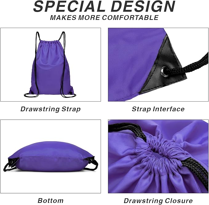 BuyAgain Drawstring Backpack Sports Water Resistant String Bag Sport Gym Sackpack for Women Men Large with Zipper, Purple