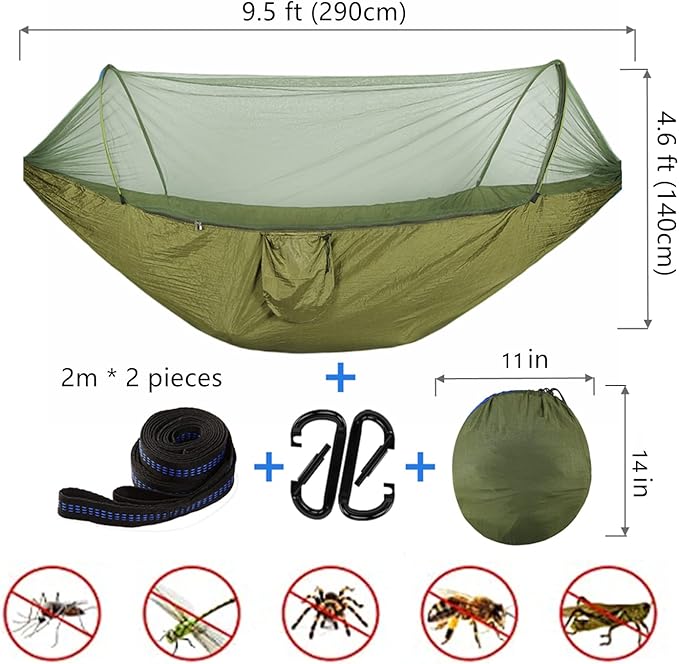 LFL Camping Hammock with Mosquito Net, Portable Hammock with Net, 1 & 2Persons Outdoor Swing Hammock, Nylon Parachute Material Outside Quick Opening, Hiking Travel Courtyard (Green)