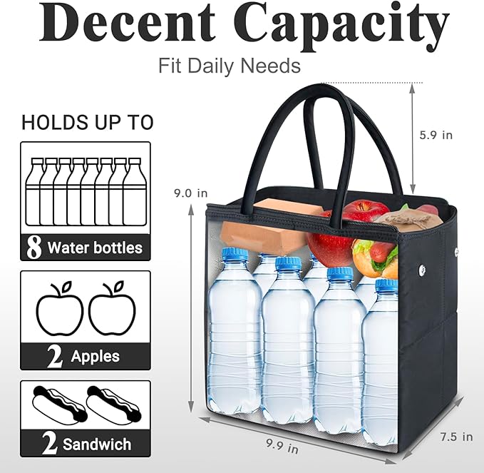 Coobiiya Thickened Leak-proof Lunch Box Lunch Bag Women, Small Insulated Quilted Puffer Lunch Box for Work, Ultralight Reusable Cute Lunch Cooler Tote Bags for Adult, Men, Office, Travel (Black)