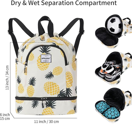 Dry Wet Drawstring Backpack with Shoe Compartment for Women Adjustable Gym Bag
