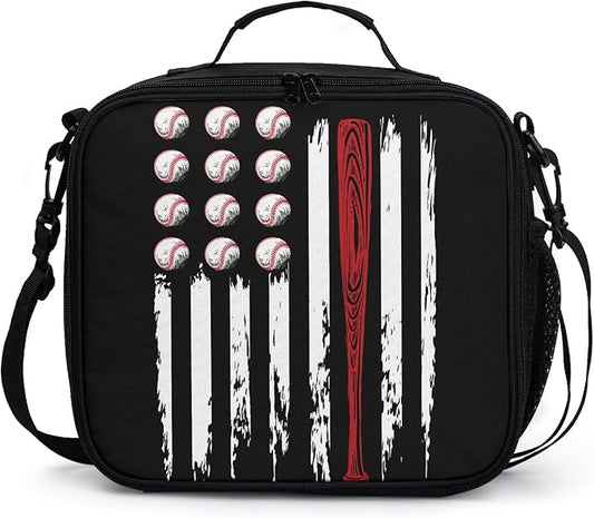 Sport Baseball Pattern Lunch Bag American Flag Baseball Lunch Boxes for Women/Man Office Work Travel School Work Picnic Durable Reusable Insulated Large Lunch Tote Bag with Adjustable Shoulder Strap