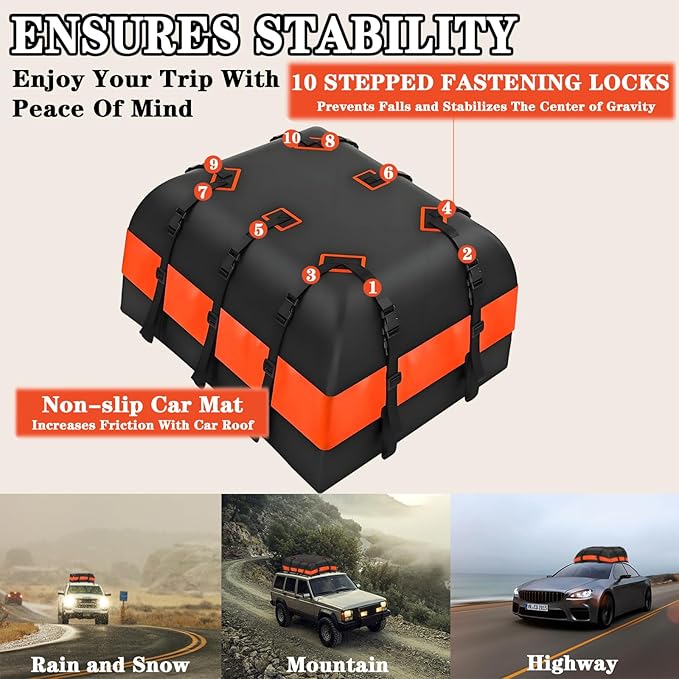 Rooftop Cargo Bag, 21 Cubic Waterproof Roof Rack Cargo Bag Soft-Shell Rooftop Cargo Bag Car Rooftop Cargo Carrier Bag Suitable Suitable for All Cars Mat Door Hooks and Luggage Lock