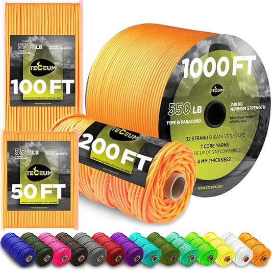 TECEUM Heavy Duty Rope 1000 – 1000ft / 200ft / 100ft / 50ft – 40+ Colors – Utility Rope for Survival & Camping Gear – Nylon String, Camping Rope, para Cord, Utility Nylon Rope, Tent Cord