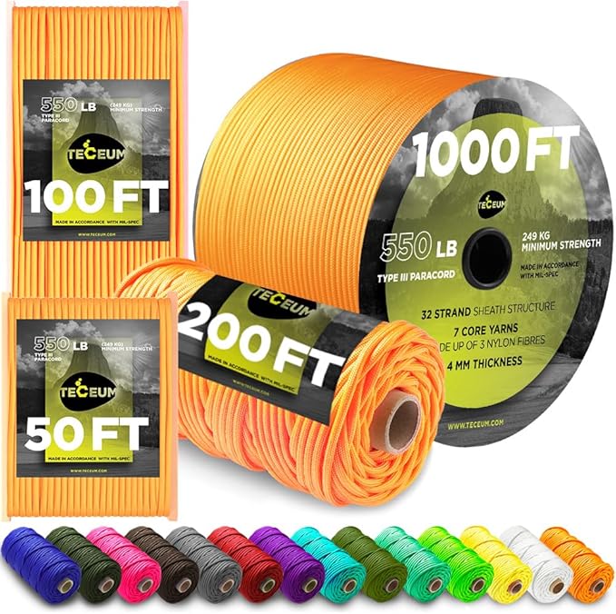TECEUM Heavy Duty Rope 1000 – 1000ft / 200ft / 100ft / 50ft – 40+ Colors – Utility Rope for Survival & Camping Gear – Nylon String, Camping Rope, para Cord, Utility Nylon Rope, Tent Cord