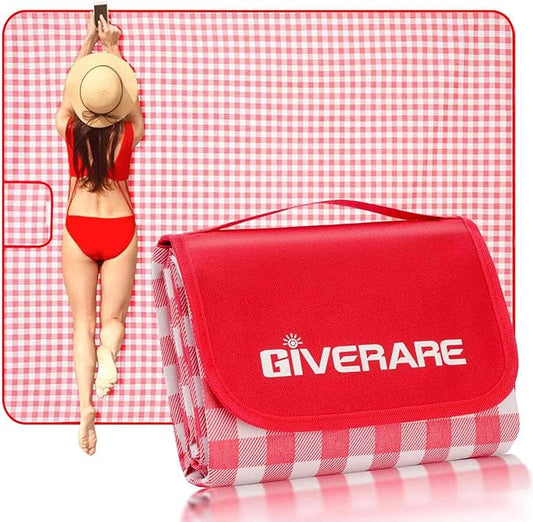 GIVERARE Picnic Beach Blanket Extra Large, XL Sandproof Waterproof Outdoor Camping Blankets 80x60in, Sand Free Oversized Mat, Quick Drying Portable Mats for Travel, Hiking, Music Festival, Lawn-Red