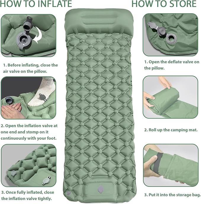 MEI&CO Lightweight Convertible Double Inflatable Camping Pad – 2-in-1 Single Pads Built-in Pillow – Quick Inflate Foot Pump, 660lb Capacity – Perfect for Couples & Family Adventures (2, Green)