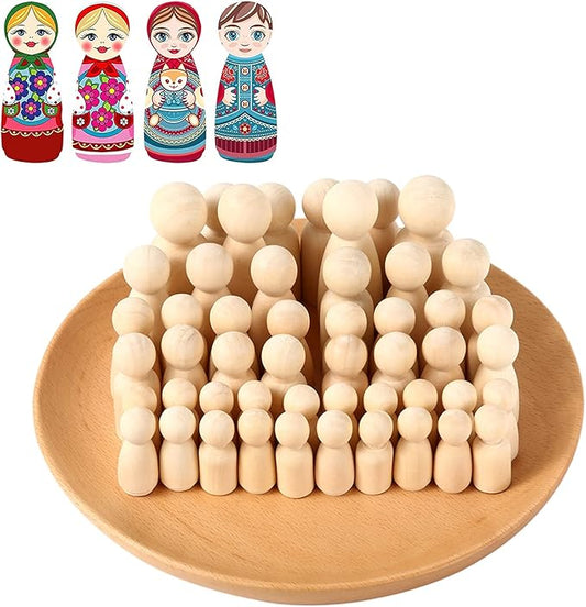 50 Pack Unfinished Wooden Peg Dolls, Abnaok Peg People, Doll Bodies, Wooden Figures, Decorative Peg Doll People for Kids DIY Art Craft, Painting, Peg Game, Home Party Decor, Assorted Shapes and Sizes