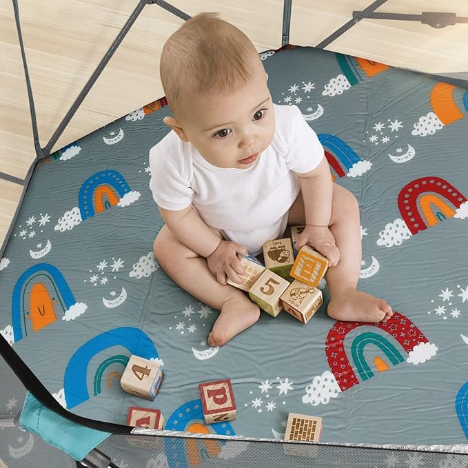 Hexagon Playpen Mat, Compatible with Regalo Play Yard and hiccapop PlayPod Portable Playpen, Self Inflatable Mattress Pad, Portable and Comfortable Play Yard Mat with Carry Case - Rainbow