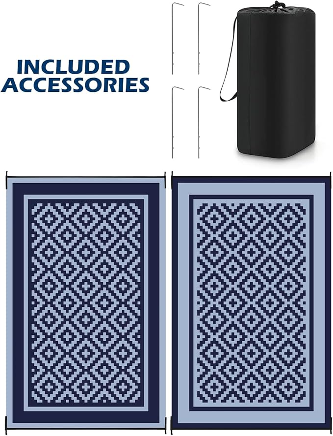 Kohree RV Outdoor Rug 9x12 Reversible, Waterproof Patio Mat with 4 Stakes & UV Fade Resistant, Non-Slip Outdoor Camping Mat for Deck, Picnic, Backyard, Includes Carry Bag (Blue)