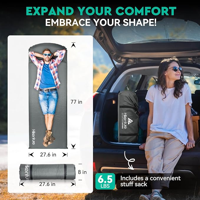 Hikenture Self Inflating Sleeping Pad for Camping, 3'' Ultra Thick Camping Pad with Pillow, 9.5 R-Value Insulated Camping Mattress, 4-Season Inflatable Foam Camping Mat for Car, Tent, Cot