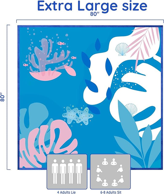 Beach Blanket Sandproof, Extra Large Beach Mat 80"*80" for 1-8 Persons,Waterproof Outdoor Picnic Blankets, Lightweight Beach Essentials for Camping,Traveling,Hiking (Blue Pattern, 80"*80")