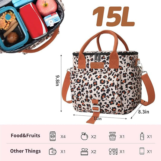 Joymee Insulated Lunch Bag for Women/Men, Waterproof Lunch Box for Office Work Picnic Beach, Reusable Large Leakproof Cooler Tote Bag with Adjustable Shoulder Strap & Side Pocket, Leopard Print