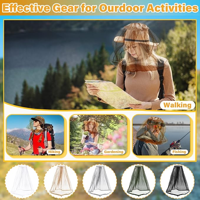 Benvo Mosquito Head Net Mesh One Piece Face Neck Fly Netting Cover from Bugs Gnats Noseeums Hat-Compatible Insect Shield for Fishing, Camping, Gardening (2pcs, Khaki, Upgraded Big Net)