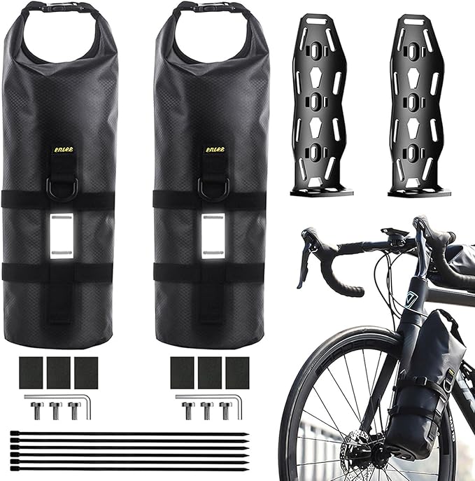 ENLEE 2pcs Bike Fork Bag with Multipurpose Cage-Waterproof Dry Bike Bags for Bicycles 5L Lightweight Portable Roll Top Design Bike Packing Fork Bags for MTB, Road, Gravel, Folding Bikes Touring