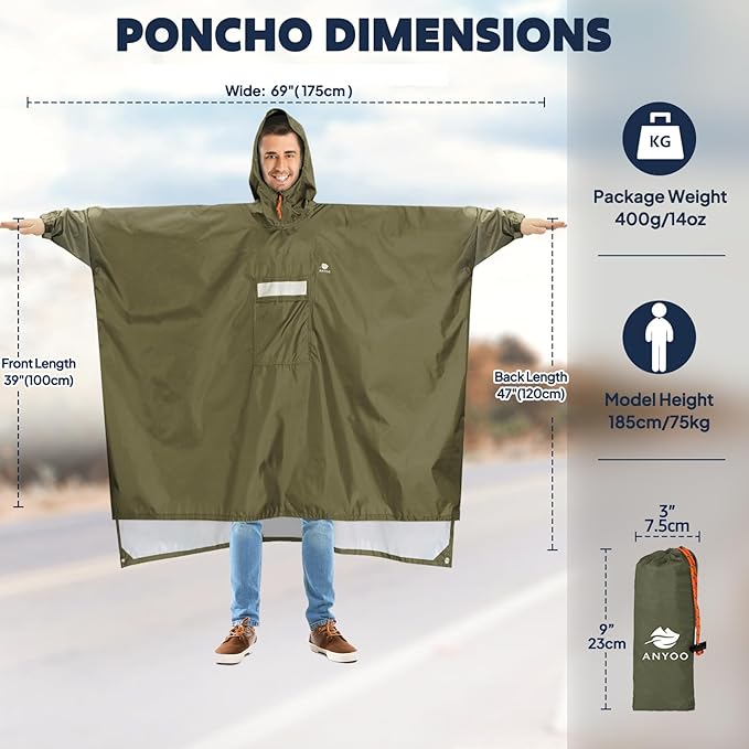 ANYOO Hooded Rain Poncho for Adults Waterproof Lightweight Rain Coat for Men Women Reusable Rain Jacket for Emergency Outdoor