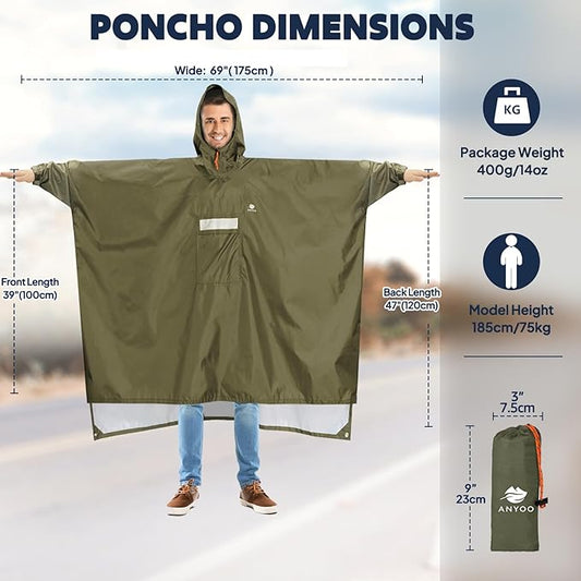 ANYOO Hooded Rain Poncho for Adults Waterproof Lightweight Rain Coat for Men Women Reusable Rain Jacket for Emergency Outdoor