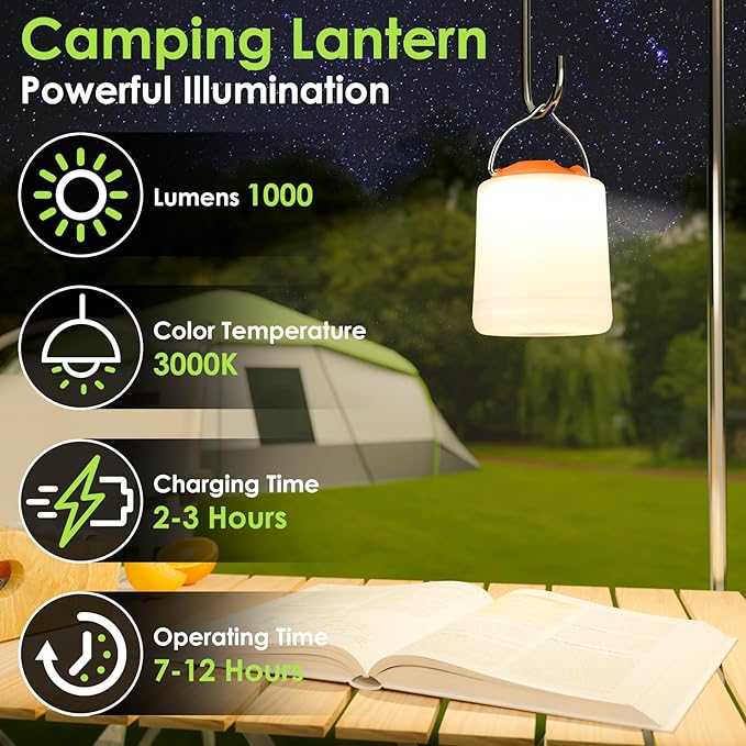 LED Camping Lantern, Rechargeable Camping Light, 4 Modes Outdoor Flashlights Lanterns with 1000LM, Water Resistant Portable Emergency Camp Light for Hurricane Hiking Survival Kits - Orange