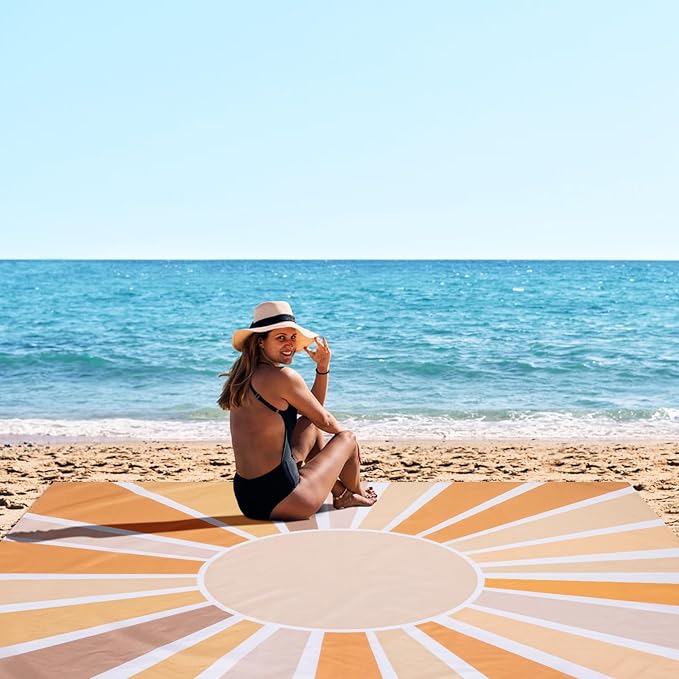 Beach Blanket Sandproof, Boho Sun Beach Mat Sand Free Waterproof, Large Picnic Blankets Lightweight Portable with Storage Bag, Polyester Outdoor Blanket Beach Essentials Must Have Accesorries