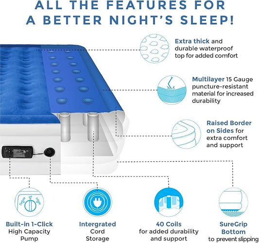 SoundAsleep Dream Series Luxury Air Mattress with ComfortCoil Technology & Built-in High Capacity Pump for Home & Camping- Double Height, Adjustable, Inflatable Blow Up, Portable - Queen Size