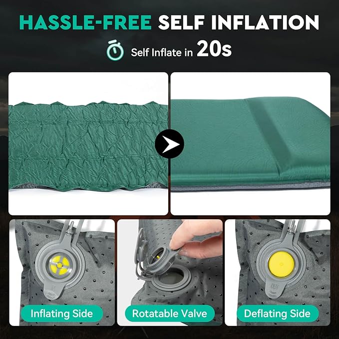 Hikenture Self Inflating Sleeping Pad for Camping, 3'' Ultra Thick Camping Pad with Pillow, 9.5 R-Value Insulated Camping Mattress, 4-Season Inflatable Foam Camping Mat for Car, Tent, Cot