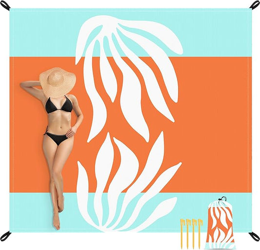 Beach Blanket Waterproof Sandproof Oversized, 9 Ft X 10 Ft Extra Large Sand Free Beach Mat with 4 Stakes, Compact Outdoor Essentials with Storage Bag for Beach, Picnic, Camping, Travel