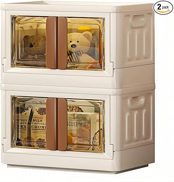 8.4Gal Collapsible Storage Bins with Lids & Wheels - 2 Pack Stackable with Doors, Heavy-Duty Plastic Containers for Home/Office, Milk White