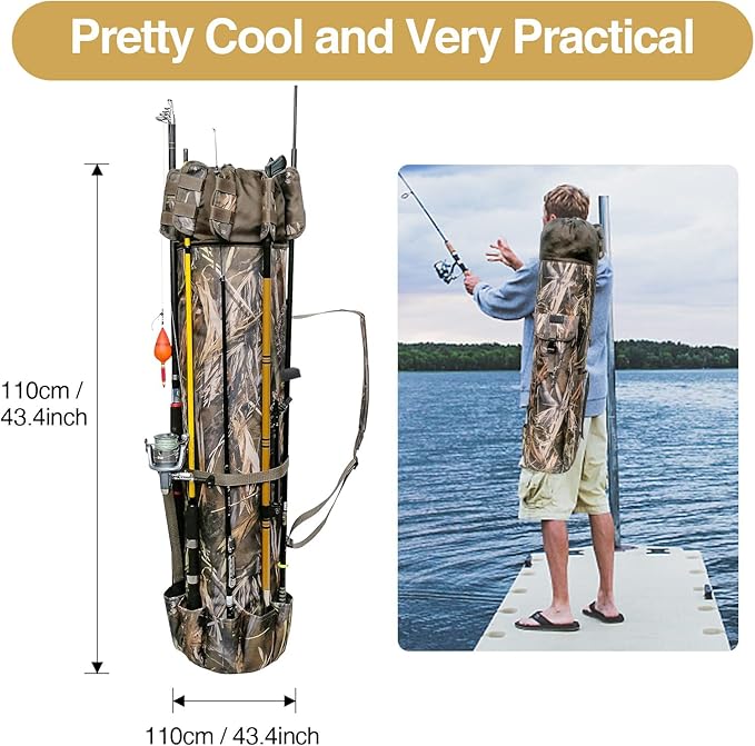 DONQL Fishing Rod Bags - Multifunction Outdoor Camping Portable Canvas Backpack Case for 5 Poles & Tackles (Camouflage)
