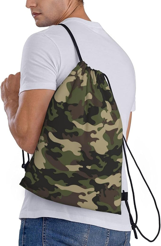 Camo Drawstring Backpack Cool Camouflage Drawstring Bags Gym Sports Bag Army Green Cinch Bag Camo Polyester Sackpack Woodland Travel Storage Bag