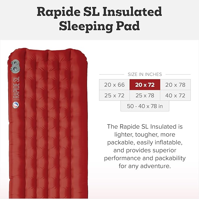 Big Agnes Rapide SL - Insulated Sleeping Pad, Ultralight, All Season Compact Backpacking and Hiking, Pumphouse Sack Included, Orange, 20x72 Regular