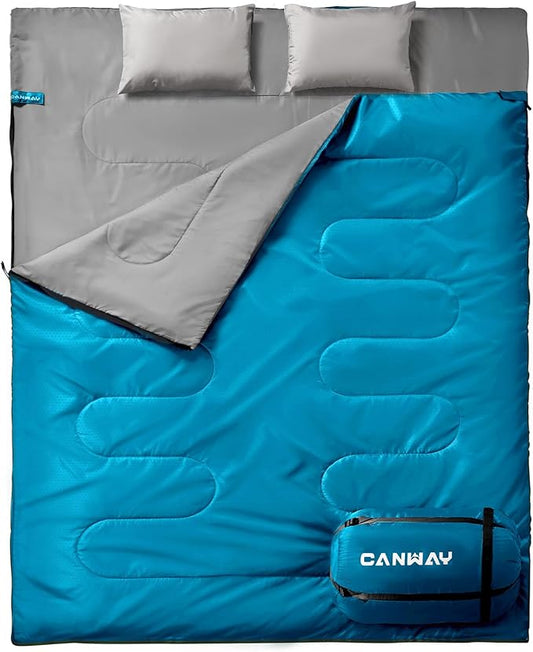 CANWAY Double Sleeping Bag Flannel for Adults Cold Weather Queen Size Two Person Sleeping Bags for Camping with 2 Pillows