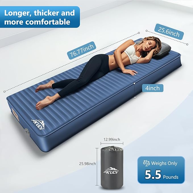 Self Inflating Sleeping Pad with Electric Pump, 4" Ultra-Thick Memory Foam Camping Pad with Pillow, 9.5 R-Value Insulated Camping Mattress, Navy Blue